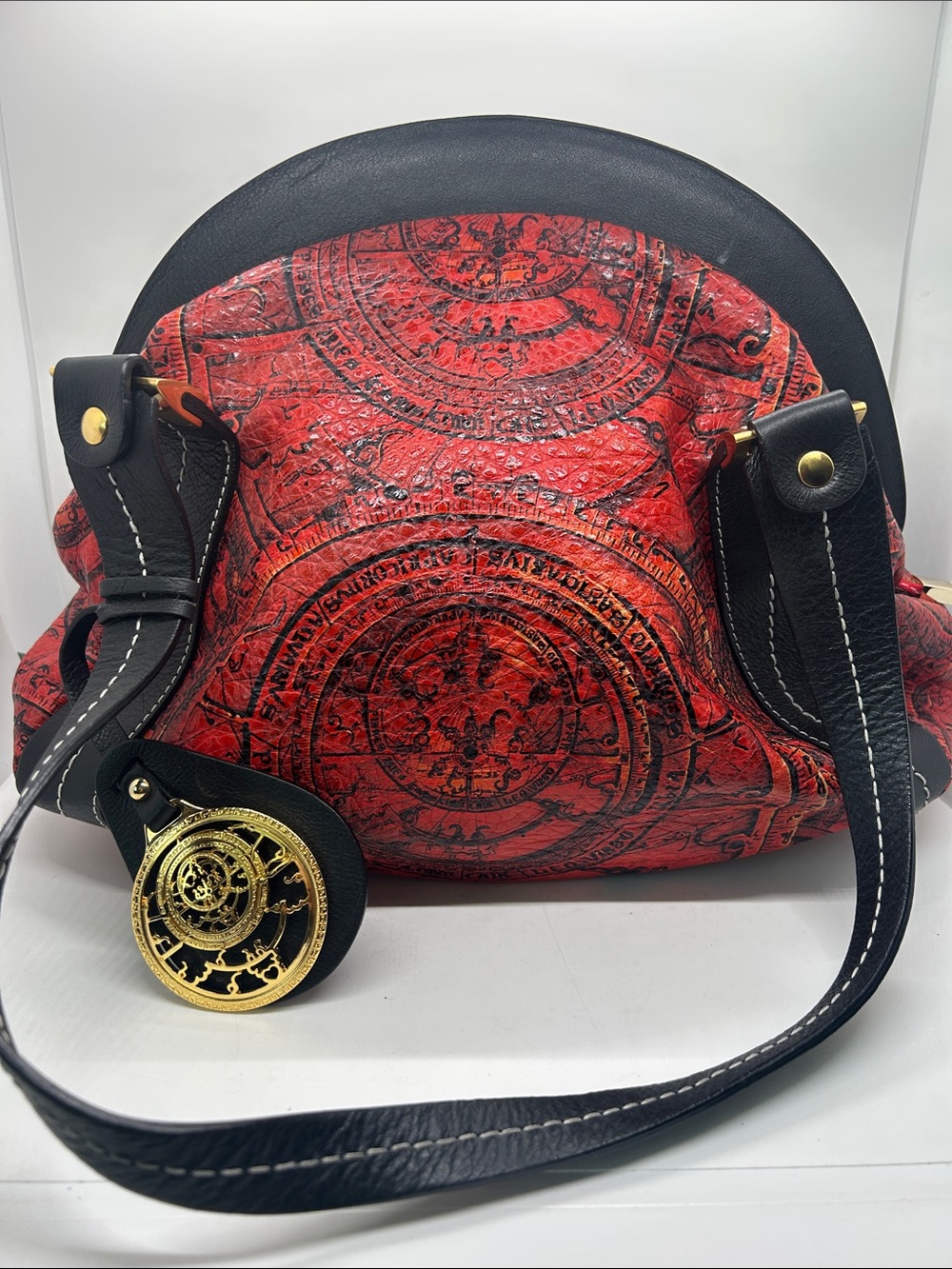 Astronomica Red/Black Leather Astrolabe Print Patterned Dome Shoulder Bag Purse